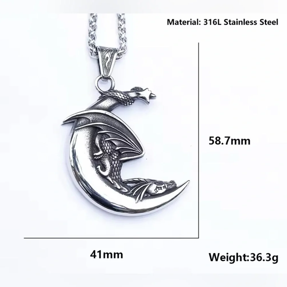 925 Sterling Silver Dragon Sleeping On Moon NO FADE Necklace Viking Biker Goth